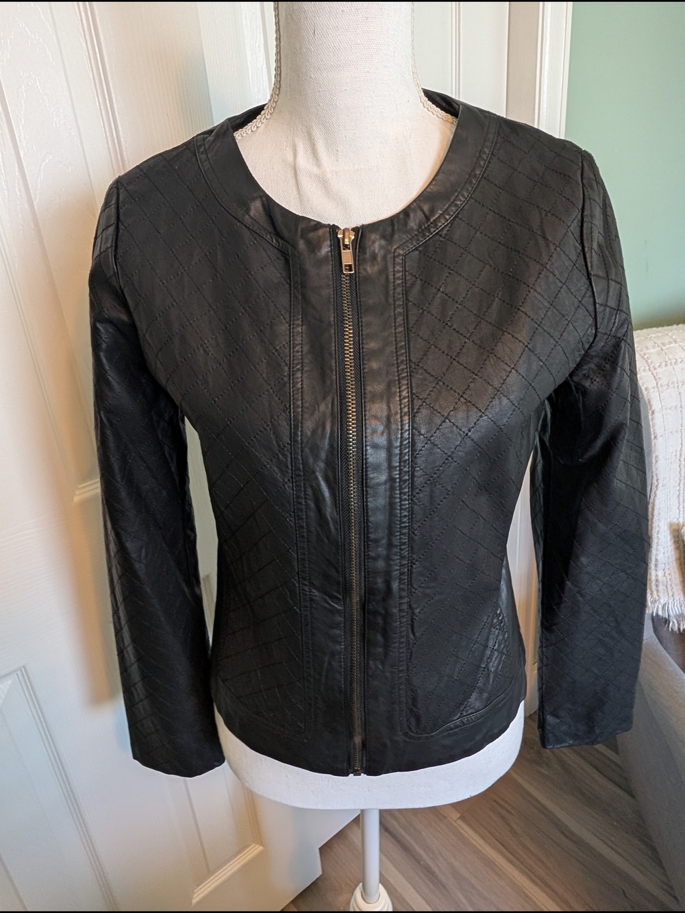 Skies Are Blue Black Quilted Faux Leather Zip Front Jacket